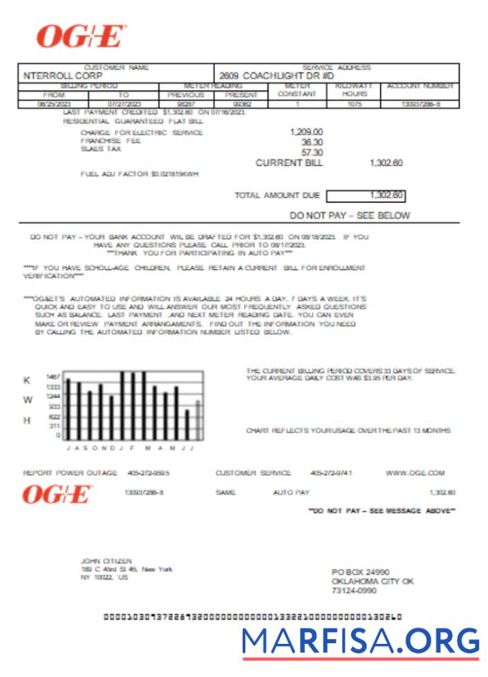 Printable Oklahoma OGE Energy utility business bill SCR example
